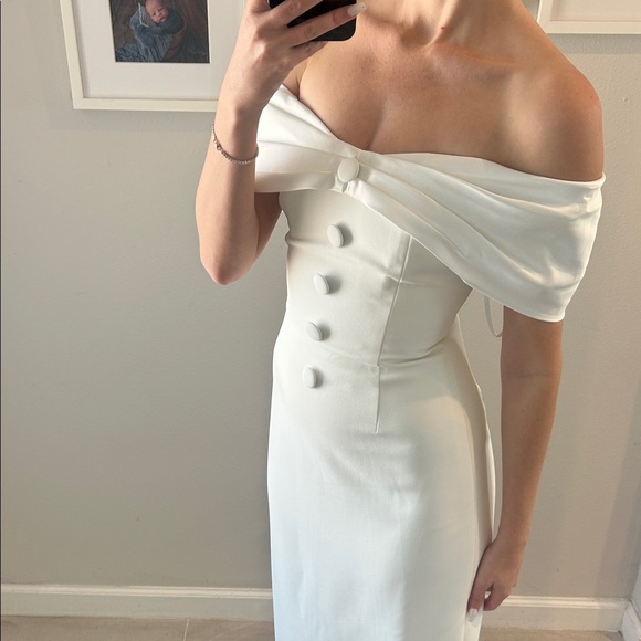 Bridal Off-Shoulder White Midi Dress - Picture 3 of 6